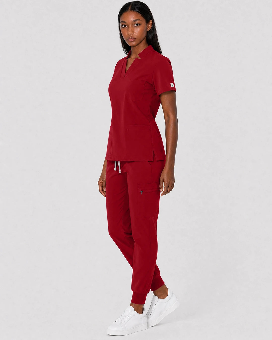 Wine Red Eipnare Women's Split V-Neck Cargo Jogger Scrub Set - Stretch Medical Scrubs for Women