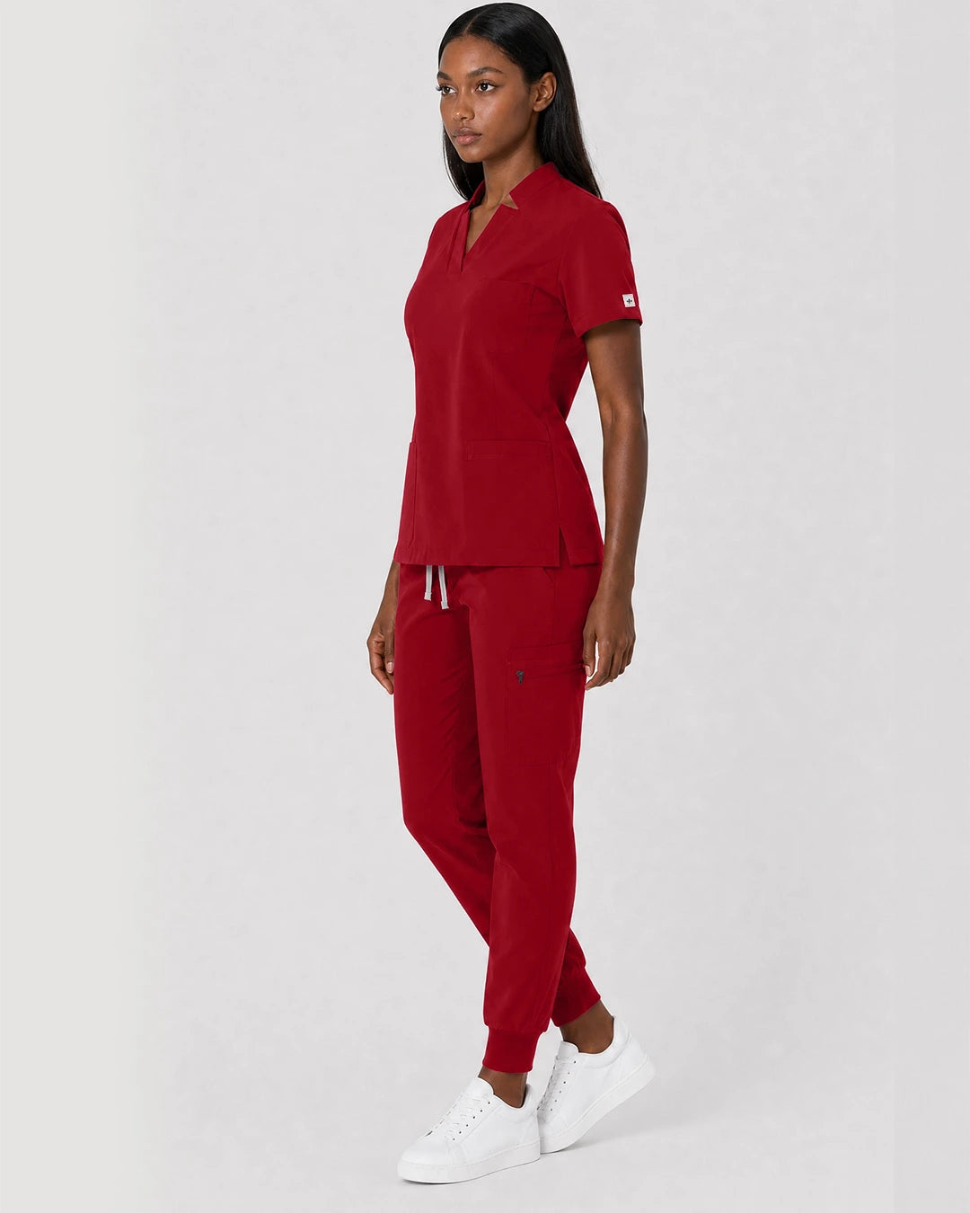 Wine Red Eipnare Women's Split V-Neck Cargo Jogger Scrub Set - Stretch Medical Scrubs for Women