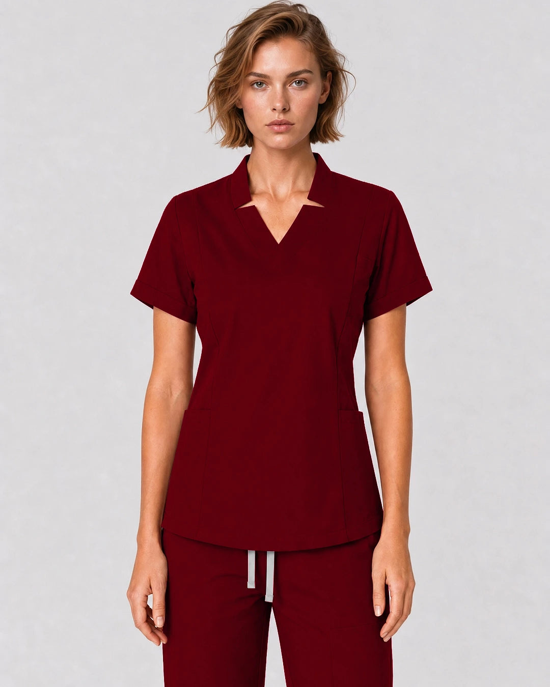Wine Red Eipnare Women's Split V-Neck Tapered Scrub Set - Stretch Medical Scrubs for Women