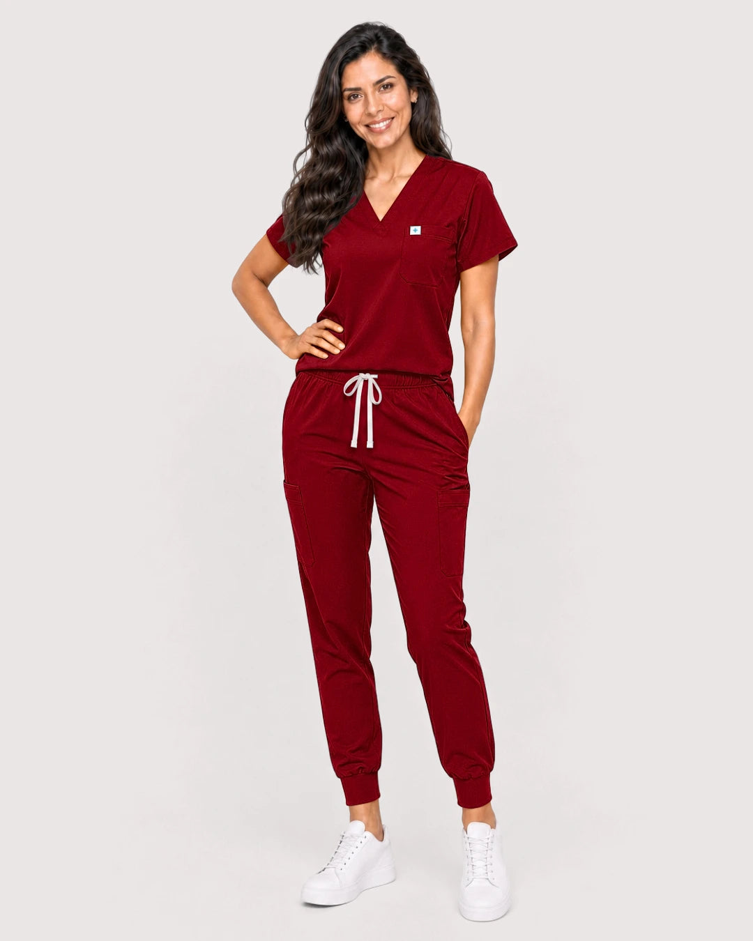 Wine Red Eipnare Women's Knit V-Neck Jogger Scrub Set - Stretch Medical Scrubs for Women