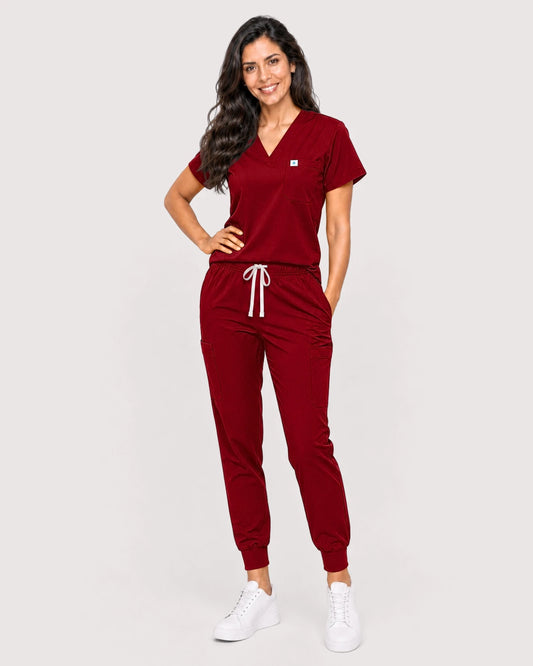 Wine Red Eipnare Women's Knit V-Neck Jogger Scrub Set - Stretch Medical Scrubs for Women