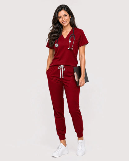 Wine Red Eipnare Women's Knit V-Neck Jogger Scrub Set - Stretch Medical Scrubs for Women