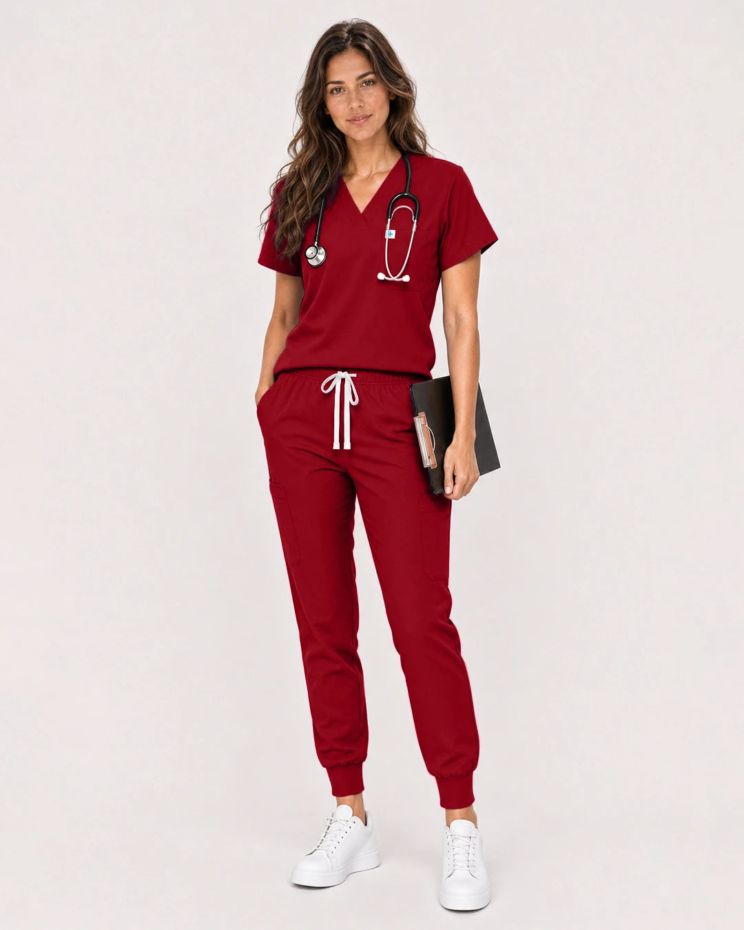 Wine Red Eipnare Women's Classic V-Neck Jogger Scrub Set - Stretch Medical Scrubs for Women