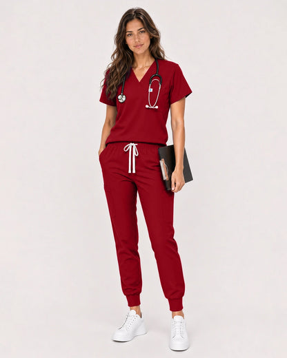 Wine Red Eipnare Women's Classic V-Neck Jogger Scrub Set - Stretch Medical Scrubs for Women