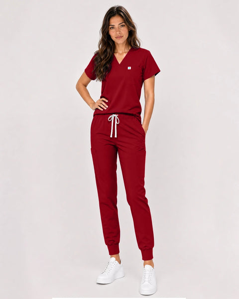 Eipnare Women's Classic V-Neck Jogger Scrub Set - Wine Red