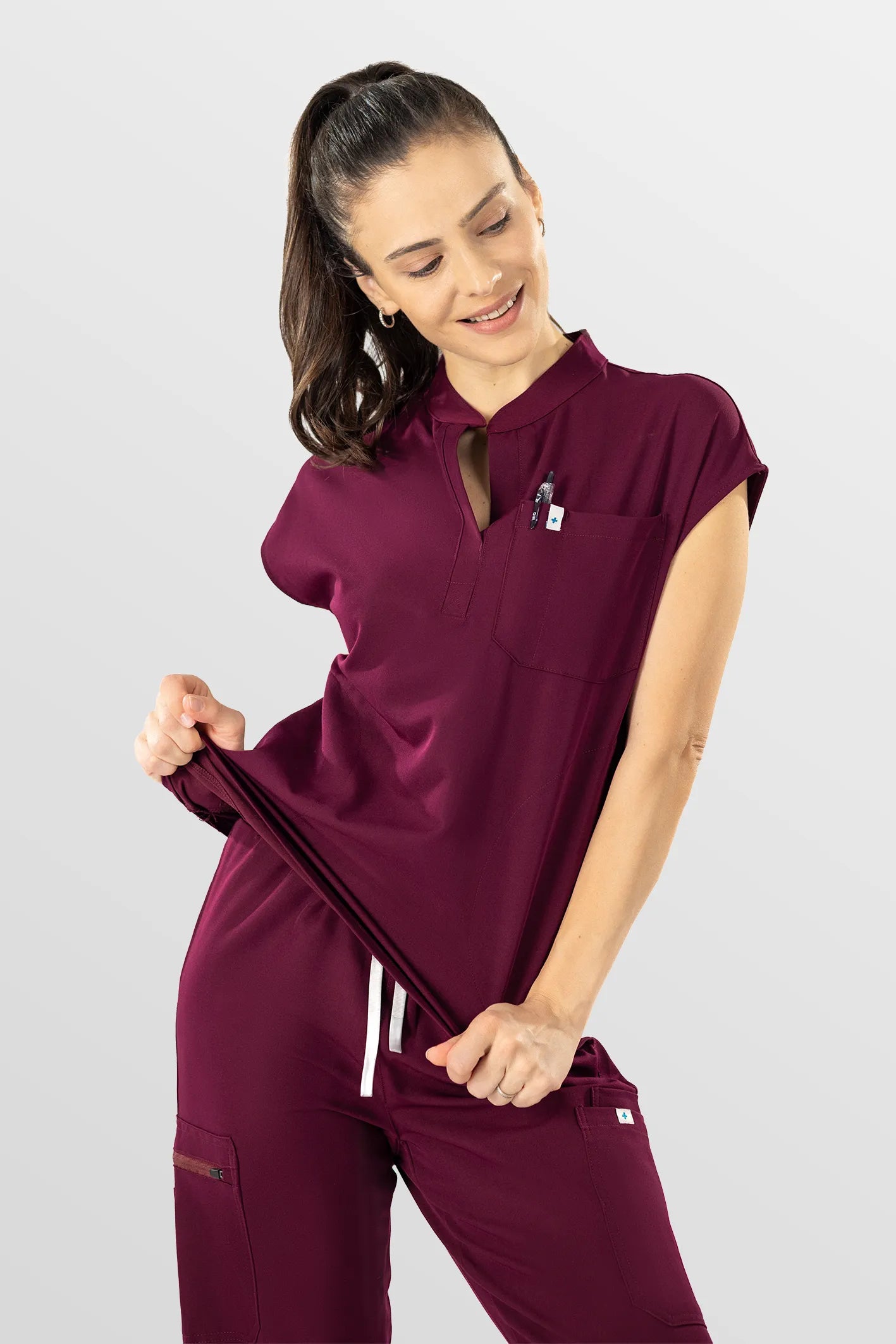Wine Red Eipnare Women's Henley Collar Sleeveless Jogger Scrub Set - Stretch Medical Scrubs for Women